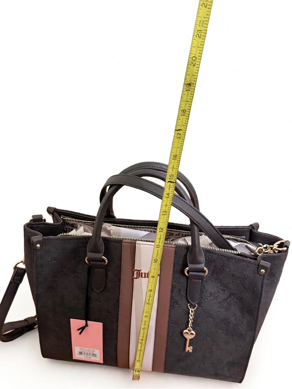 Juicy Couture Black Suede Satchel with Brown and Cream Center Stripe